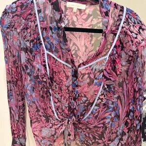 LoveShackFancy Pink Black and Blue Floral Sheer Blouse